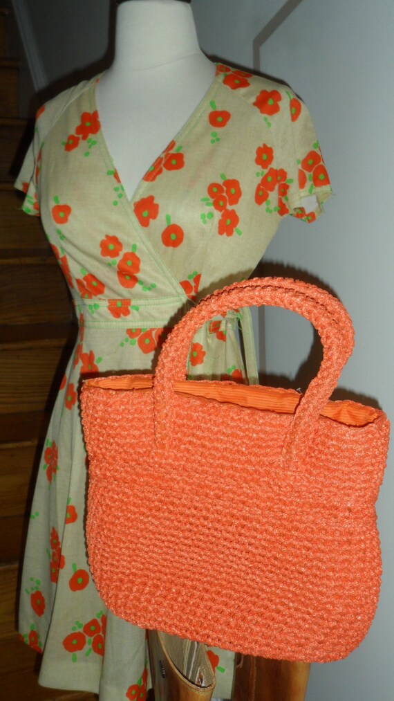 bright orange 50s 60s raffia handbag another made