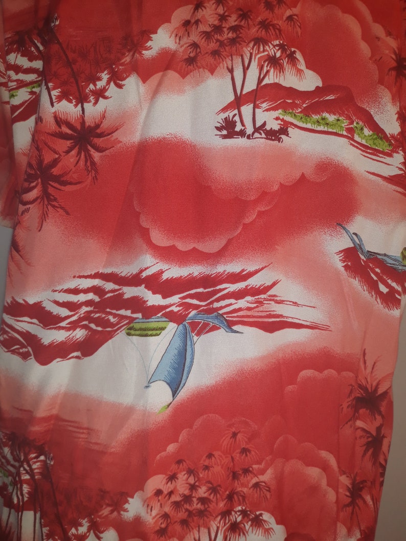 80s Gloria Vanderbilt tropical rayon button up ladies blouse beach party sz large orange reds greens