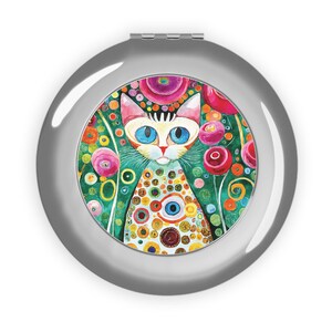 Colorful Klimt Cat Compact Travel Mirror, Cute Portable Makeup Mirror, Funny Cat Lover Gift, Floral Makeup Accessories, Foldable Mirror,