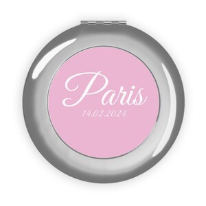 Pink Personalized Location And Date Compact Makeup Mirror, Custom Travel Foldable Makeup Mirror, Bridesmaids Compact Mirror Gifts