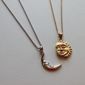 Sun & Moon 2 Necklace Set in Sterling Silver (14K Yellow Gold Plated Sun and Rhodium Plated Moon) Friendship Necklace, Sun and Moon Jewelry