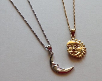 Sun & Moon 2 Necklace Set in Sterling Silver (14K Yellow Gold Plated Sun and Rhodium Plated Moon) Friendship Necklace, Sun and Moon Jewelry