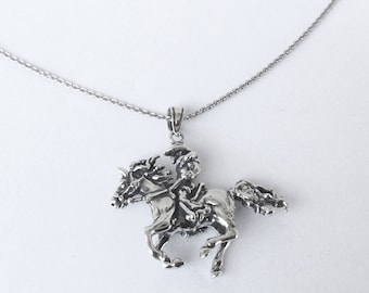 3D Cowboy & Horse Necklace in Sterling Silver, Horse Jewelry.