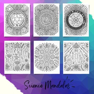 May include: Six black and white coloring pages featuring science-themed mandalas. The mandalas include a recycling symbol, a DNA strand, a microscope, a test tube, a virus, and an atom.