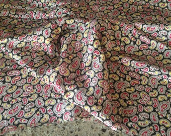 2 Yards Vintage Light Weight Glossy Poly Fabric with Red and Yellow Small Paisley on a Black Background 44 Inches Wide