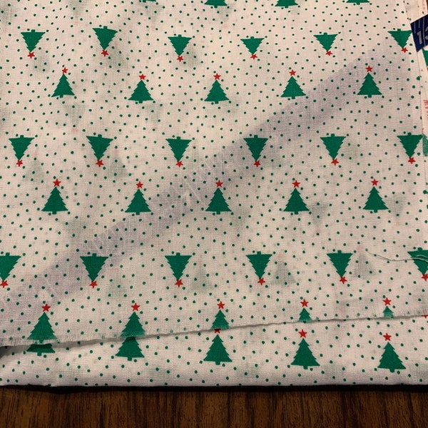 5 Yards Vintage Holiday Semi Sheer Cotton Fabric Made by Wamsutta, Christmas Trees with Green Pin-Dot on a White Background 44 inches Wide