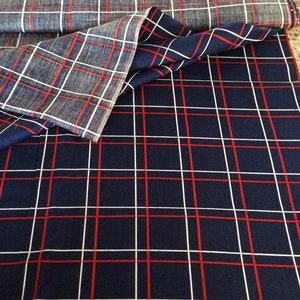 2 1/2 Yards Cotton Blend Fabric Red White and Navy Blue Window Pane Plaid Design 44 inches Wide  VERY SOFT