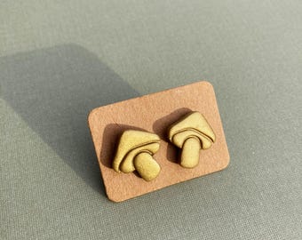 Handmade Polymer Clay Mushroom Stud Earrings - Gold