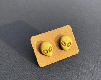 Handmade Polymer Clay Alien Stud Earrings - Gold