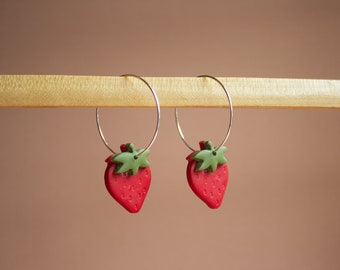 Handmade Polymer Clay Strawberry Hoop Earrings