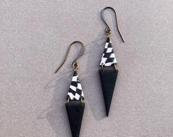 Handmade Black and White Checkerboard Triangle Polymer Clay Earrings