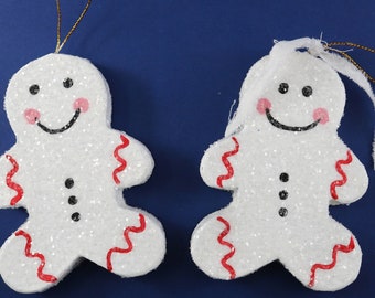 Set of Two White Sugared Gingerbread Man Christmas Tree Ornaments
