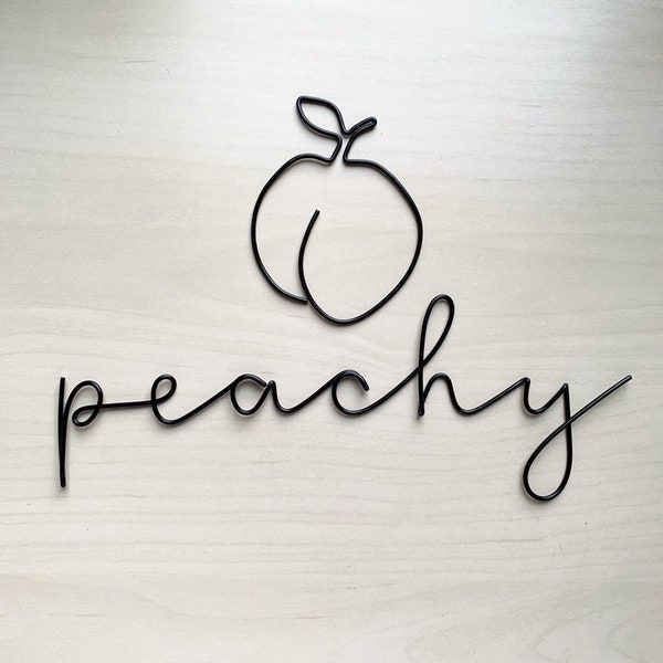 Handmade (black pictured) wire words 'peachy' with peach. Fun, home, housewarming, wedding, bathroom.