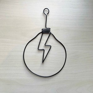 Handmade (black pictured) wire, vintage style light bulb with lighting bolt filament, gallery wall, Industrial, Christmas, Edison, wall deco