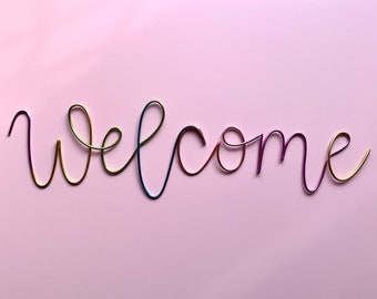 Handmade rainbow wire 'welcome' wall sign. Wire art, front door, scandi, wedding sign, wall sign, wall decor.