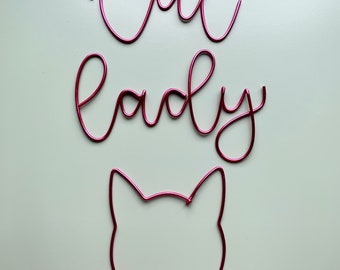 Wire hand crafted (pink pictured) ‘cat lady’ with cat outline. Cat lover, pet lover.