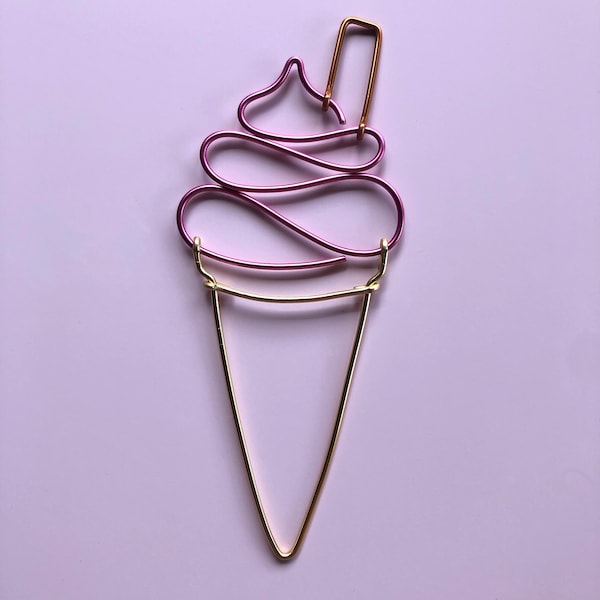 Handmade wire ice cream cone with pink ice cream and gold cone. Fun, home, housewarming, wedding, gift guide.