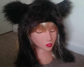 READY TO SHIP One Luxury Black Panther Big Cat Hood with Black Fleece Lining
