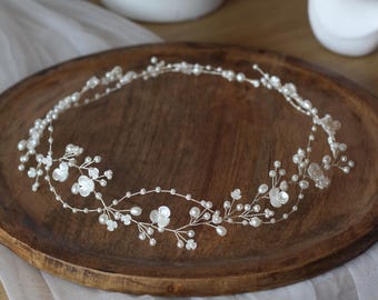 Ivory Pearl Flower Bridal Hair Vine | Floral Wedding Headpiece | Silver Tone Wire Blossom Tiara | Boho Wreath for Bride & Bridesmaid