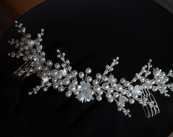 Ivory Pearl Blossom Bridal Hair Vine