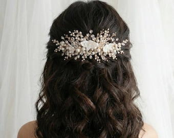 KC Gold, Elfenbein Perle, Kristall & Keramikblüte Braut Haarkamm