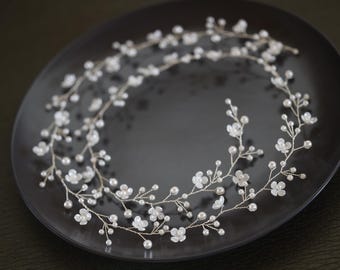 100 cm elfenbeinfarbene Perle Blumen Braut Haarkranz