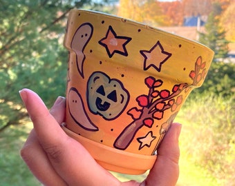 Autumn Floral Ghost Planter/ Hand Painted Plant Pot/ Terracotta Indoor Outdoor Planter/ Fall Halloween Witchy Decor/ Mushrooms/ Stars/ Moon
