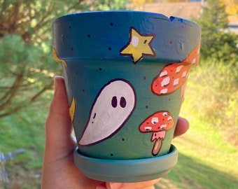 Mushroom Ghost Planter/ Hand Painted Plant Pot/ Terracotta Indoor Outdoor Planter/ Cottagecore Witchy Decor/ Mushrooms/ Stars/ Moon