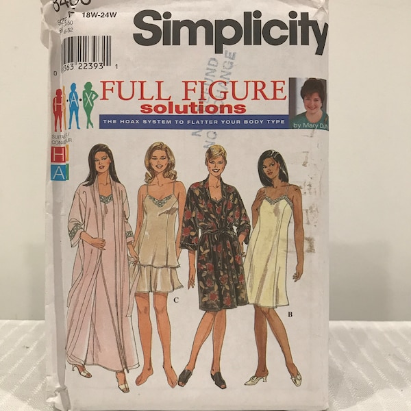 8486 Simplicity 1998 Vintage Schnittmuster Damen Petite Slip oder Nachthemd, Camisole, Tap Pants und Robe Uncut