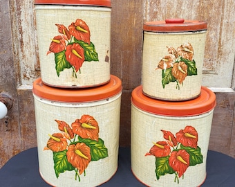 4 -Vintage 60's Decoware Tin Kitchen Canister Set  Red Hawaiian Lilly Anthuriums