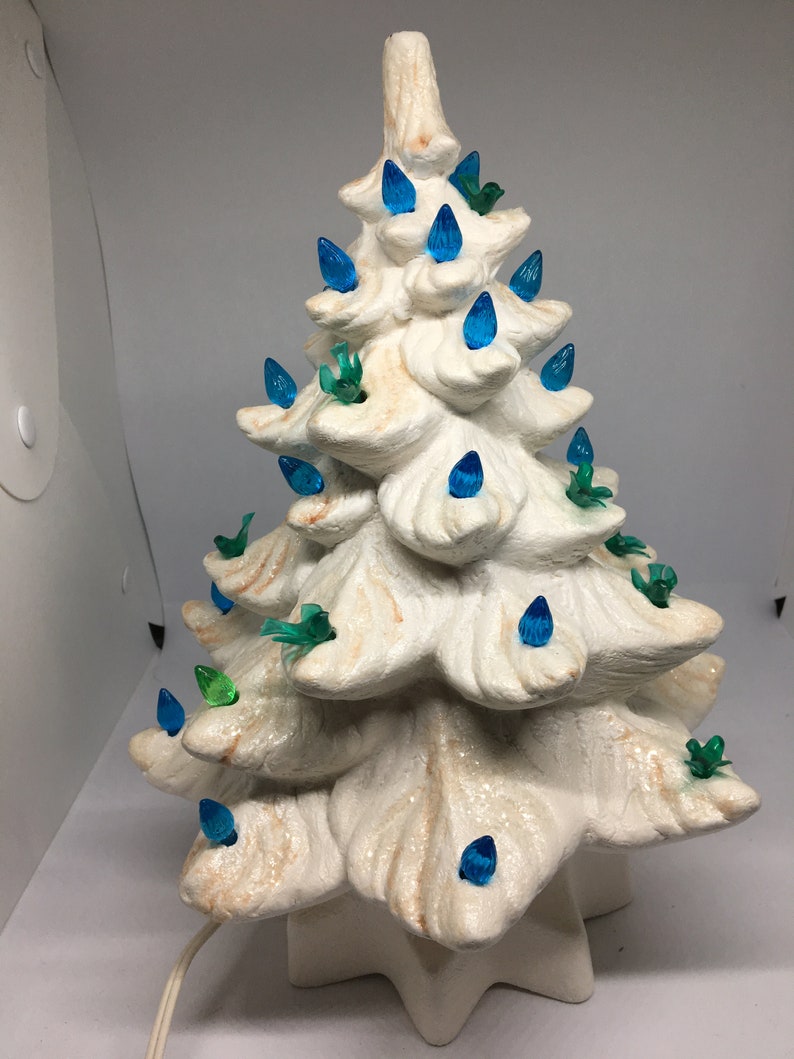 Blue and Green Lights Vintage Ceramic 1970/'s Pearl White Christmas Tree with Blue Birds