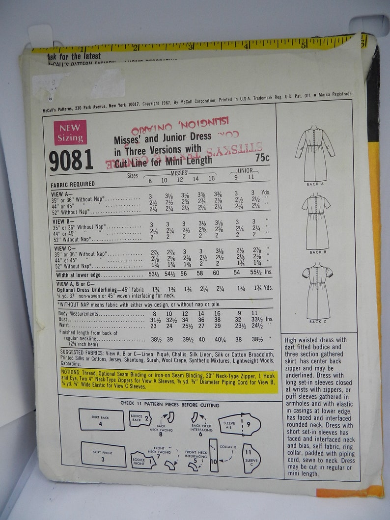 9081 McCall/'s 1967 Vintage Pattern Misses/' and Junior Dress in Three Versions Size 12 Bust 34