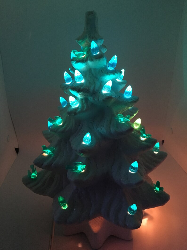 Blue and Green Lights Vintage Ceramic 1970/'s Pearl White Christmas Tree with Blue Birds