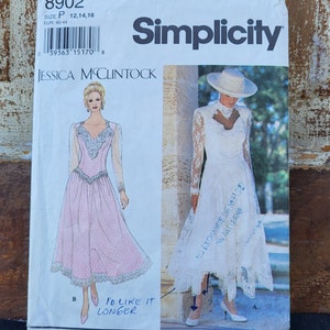 S8902 | sz 12-16 | Jessica McClintock for Simplicity 8902 1994 90s Dress Sewing Pattern: Deep V, Drop Waist, Handkerchief Hem, Bridal Gown