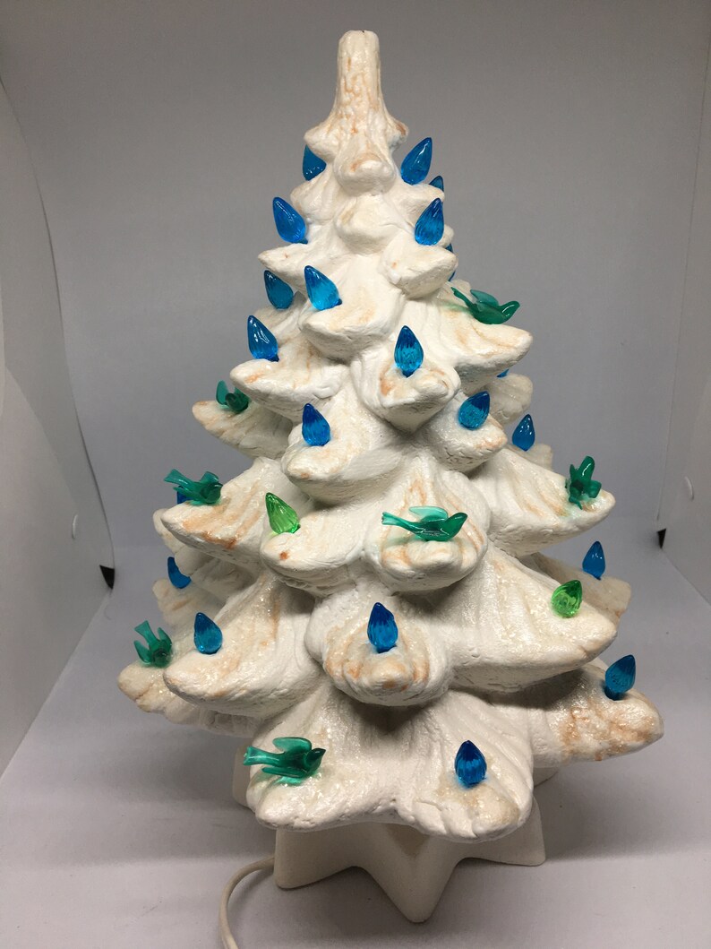Blue and Green Lights Vintage Ceramic 1970/'s Pearl White Christmas Tree with Blue Birds