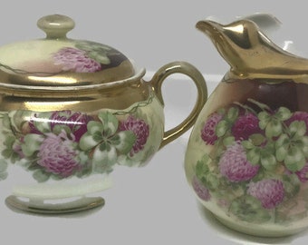 Elegant Royal Vienna hand painted Lucky Clover bone china creamer and sugar bowl set