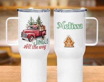 Jingle All The Way Red Vintge Truck With Christmas Presents and Little Fir Trees,  Personalized 25 oz Travel Mug for Hot or Cold Drinks