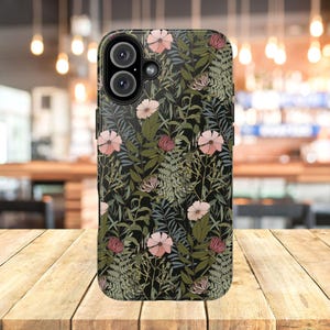 Botanical Ferns and Poppies Graphic Design Printed on a Tough Dual Layer Phone Case for iPhone and Galaxy, Made to Order