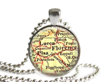 Florence Italy map necklace pendant charm, photo gift, mom gift, Pisa vintage map jewelry, Italian charm necklace, Custom Florence pendant