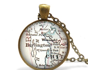 Vermont Map Necklace, Burlington map pendant, photo pendant charms, map charm necklaces, Vermont Map Jewelry