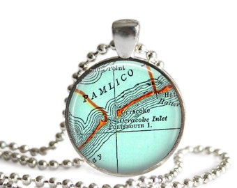 North Carolina map necklace pendant, Ocracoke map Jewelry, 1 of 2 styles of Ocracoke. Available as a keychain, ornament or necklace, A265