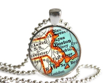 Boston, Massachusetts, Cape Cod Vintage Map necklace pendant charm, Massachusetts jewelry, map jewelry necklace pendant for her, A244