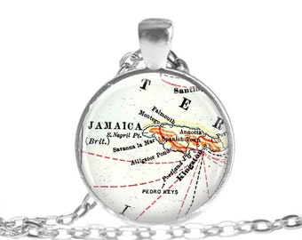 Jamaica Map Pendant - Custom Personalized Location Gift - Vintage Jamaica Map Pendant Necklace: Silver Plated Charm