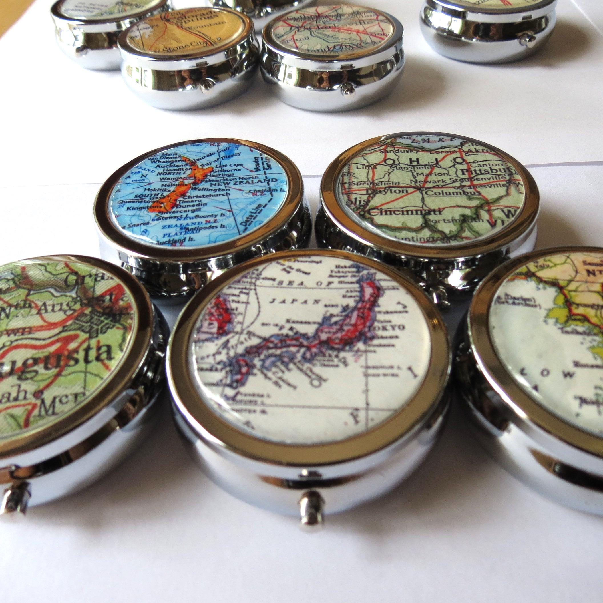 Personalized Map Pill Box: Silver Travel Pill Organizer, Custom Location Gift