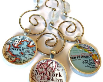 Custom Map Christmas Ornaments, Set of Three Map Ornaments Personalized with your favorite locations, Christmas Decor, Travel Ornament set