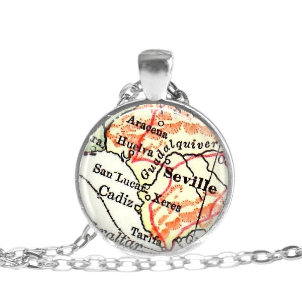 Seville map necklace pendant charm: Seville, Spain map jewelry charms, also as Seville Keychain, ornament, Seville Key Chain