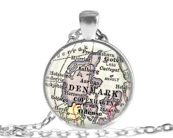 Denmark necklace pendant charm, Copenhagen map jewelry charms,  Danish Jewelry,  Denmark gift for him, grandparent gift, husband gift