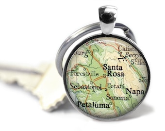 Santa Rosa Map Keychain - Sonoma Map Keychain, Napa Wine Country Map Gift
