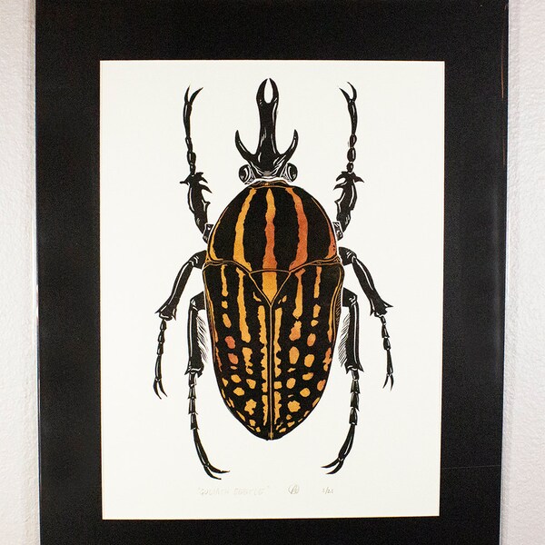 Goliath Beetle Block Print 16x20, Linocut Goliath Beetle, Chine-collé artwork,  Linocut Print, Printmaking