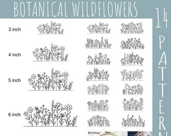 Diseños de bordado a mano de flores silvestres botánicas, 14 plantillas de patrones PDF imprimibles diferentes en tamaños de aro de 3" 4" 5" 6" ~ Descarga instantánea